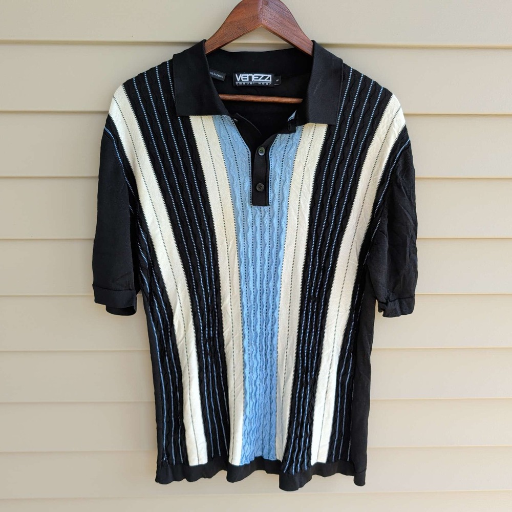 Venezzi VTG Knit Polo Mens Large Black Blue Silk Blend Striped Cable Knit Retro